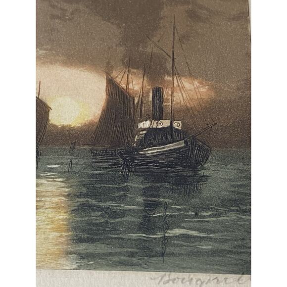 Huguet — Hand-Colored Aquatint Etchings, Twilight Fishing Boats (Pair) - Picture 8 of 15